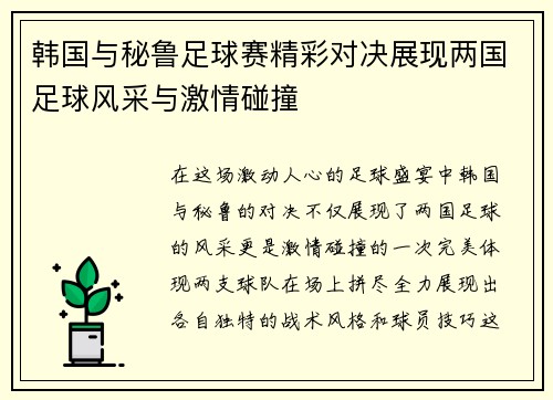 韩国与秘鲁足球赛精彩对决展现两国足球风采与激情碰撞